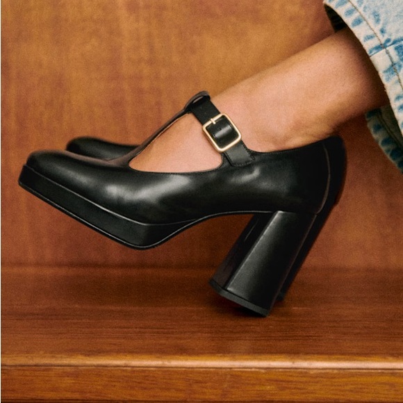 Sezane Shoes - SEZANE Glossy Black Leather Monique High Babies T Strap Platform Mary Jane Heels